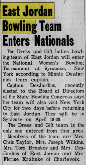 Gemini Lanes (Teen Zone, East Jordan Recreation, The Zone Sports Lounge) - Apr 15 1954 Article (newer photo)